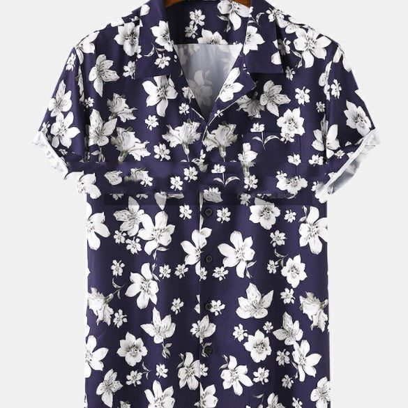 Mens Peach Blossom Floral Print Short Sleeve Holiday Breathable Shirt