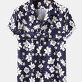 Mens Peach Blossom Floral Print Short Sleeve Holiday Breathable Shirt