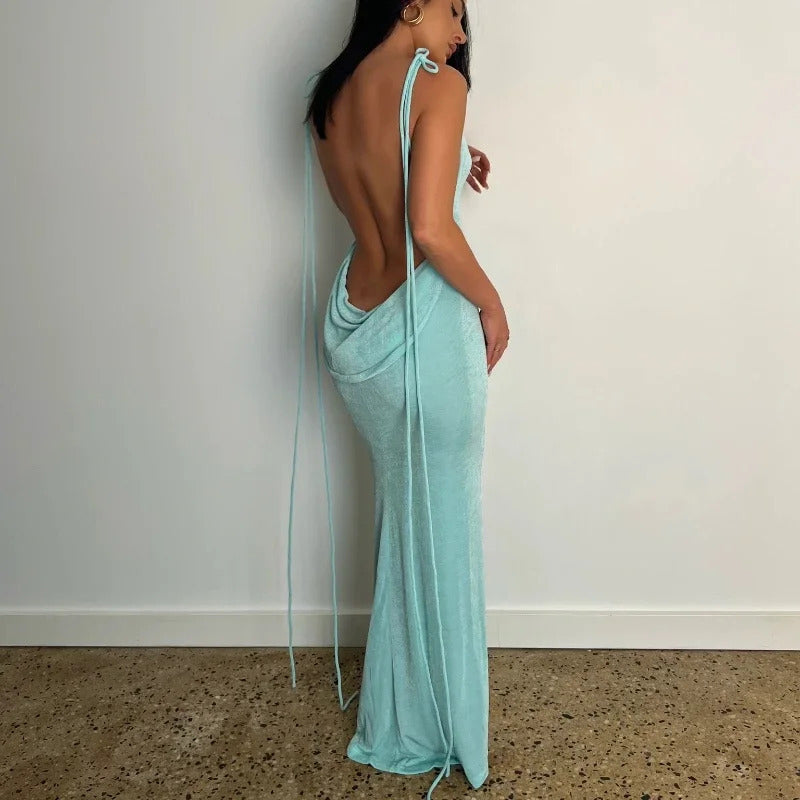 Summer Drawstrings Sexy Backless Maxi Dress
