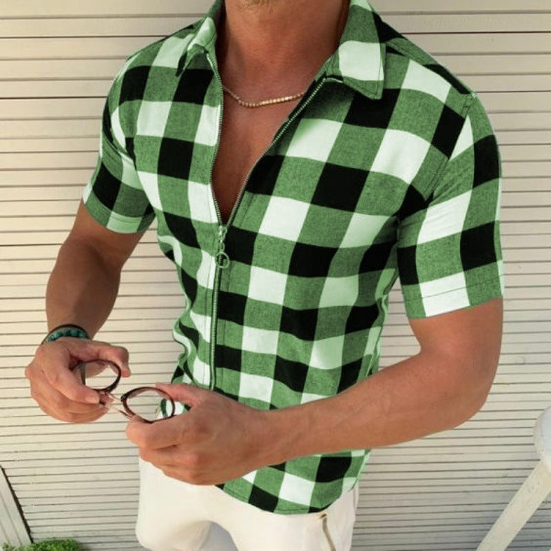 Plaid T Shirt Mens Zipper Short Sleeve Shirt
