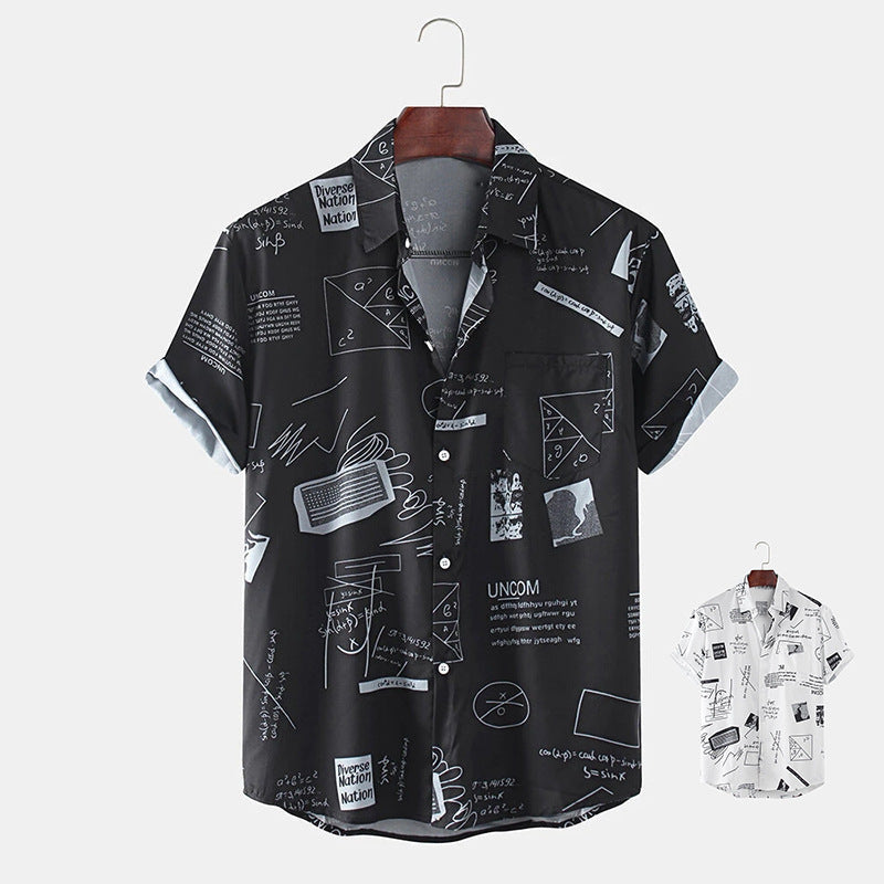 Abstract Cartoon Slogan Chest Pocket Short Shirt