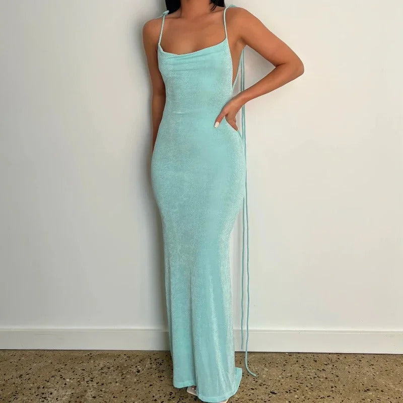 Summer Drawstrings Sexy Backless Maxi Dress