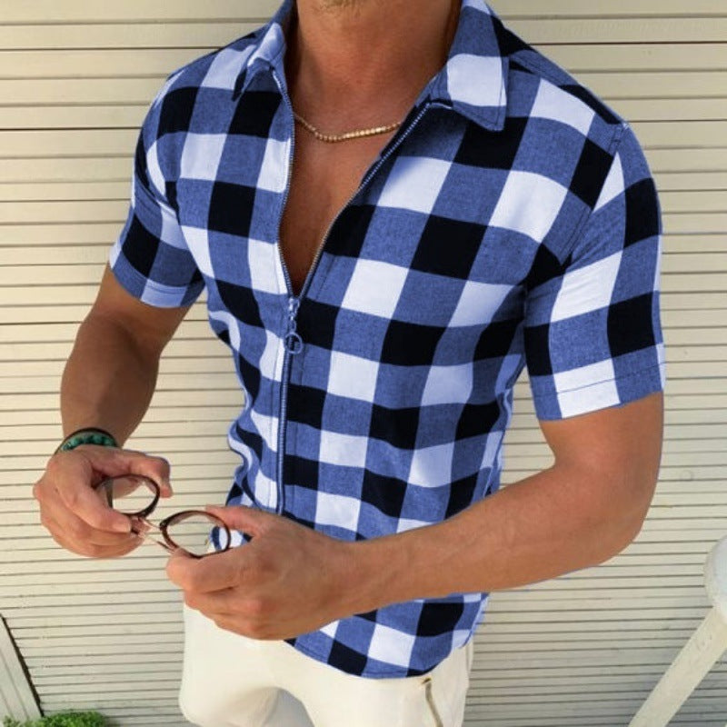 Plaid T Shirt Mens Zipper Short Sleeve Shirt