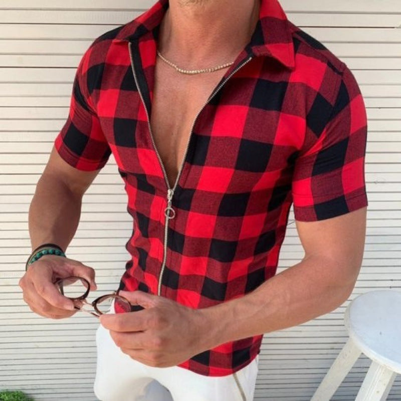 Plaid T Shirt Mens Zipper Short Sleeve Shirt