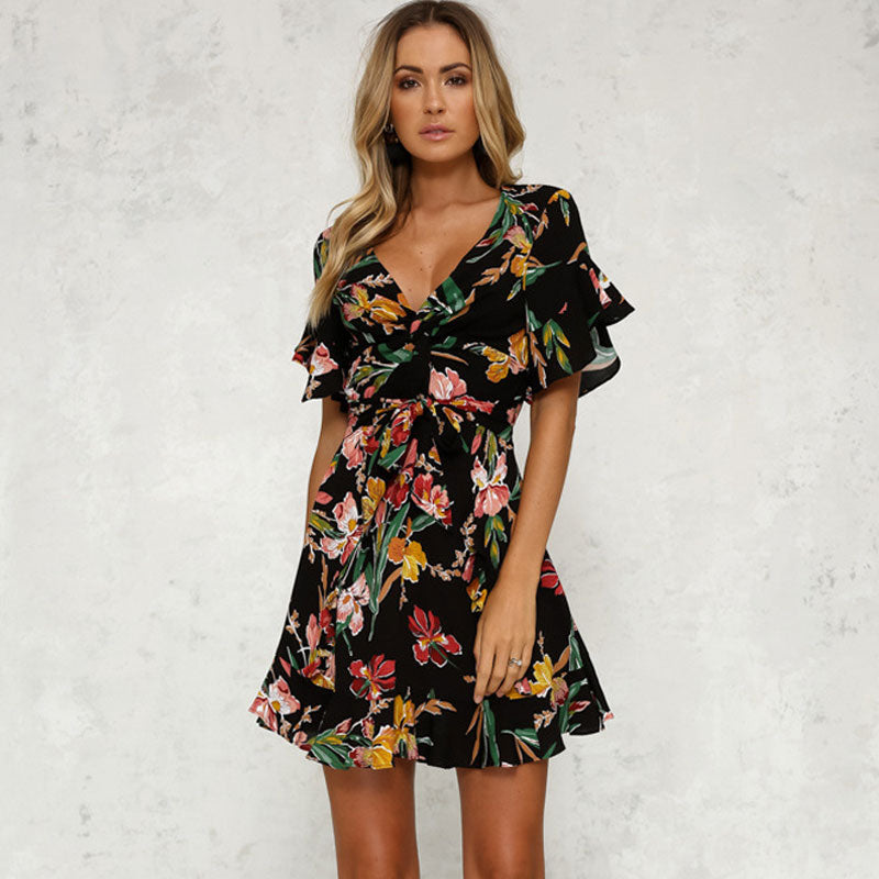 Floral Printed V-Neck Bow Knot dress