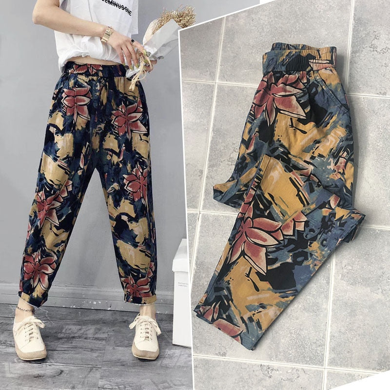 Printed Cotton Linen Harem Pants
