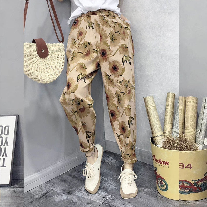 Printed Cotton Linen Harem Pants