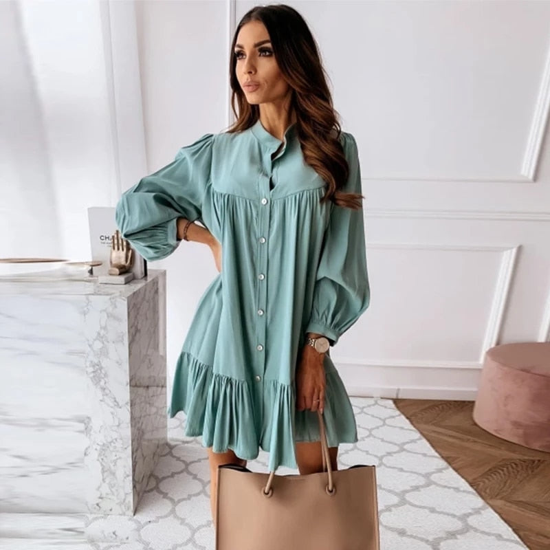 Vintage Ruffled Front Button A-line Dress
