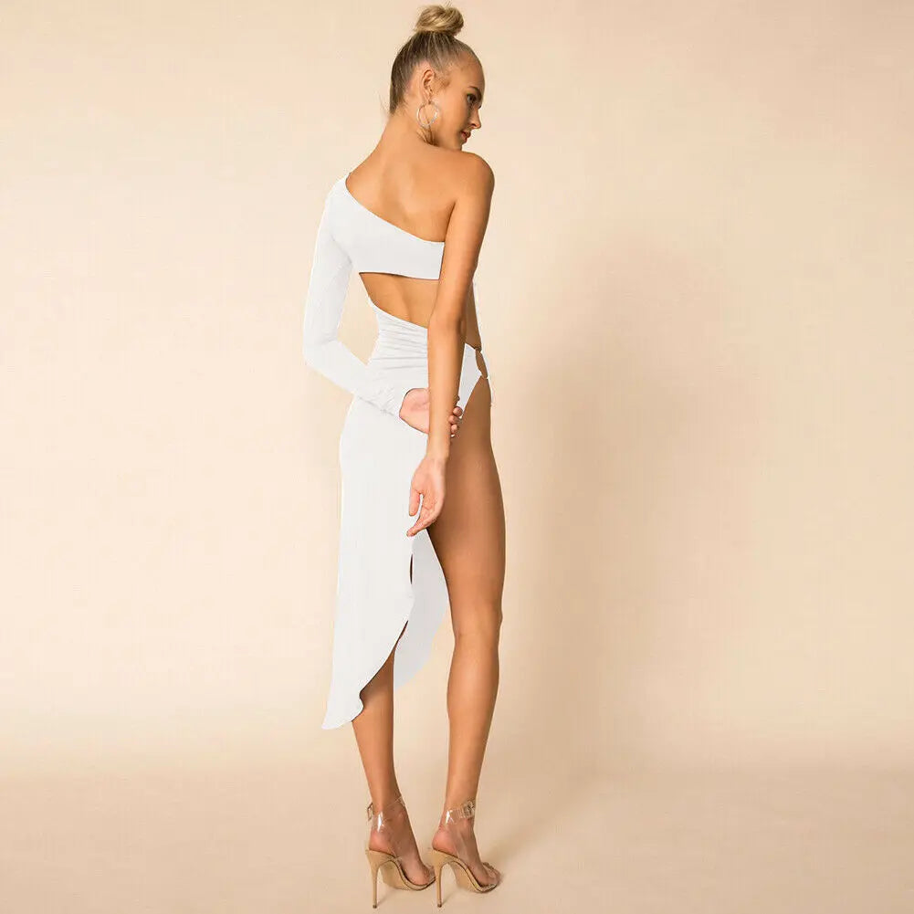 One Shoulder Long Sleeve Side Hole Dress