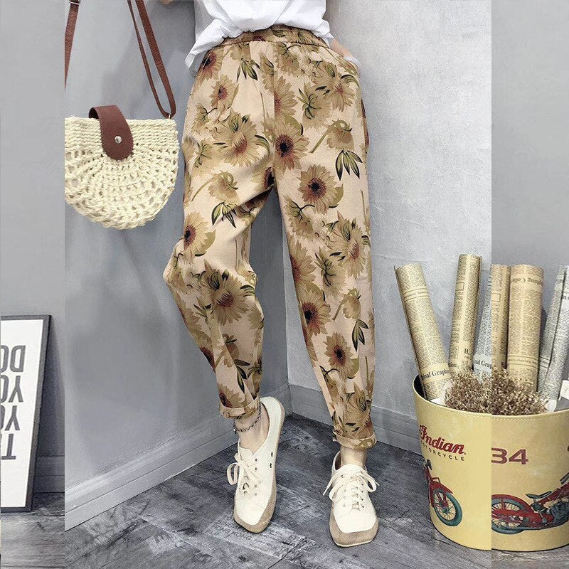 Printed Cotton Linen Harem Pants