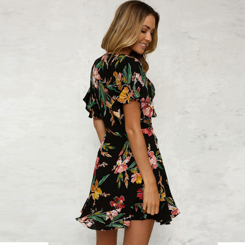 Floral Printed V-Neck Bow Knot dress