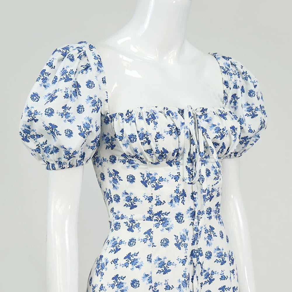 Elegant Puff Sleeve Floral Print Slit Long Dresses
