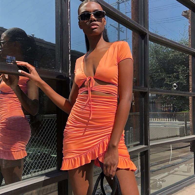 Lace Up V Neck Ruched Bodycon Mini Dress