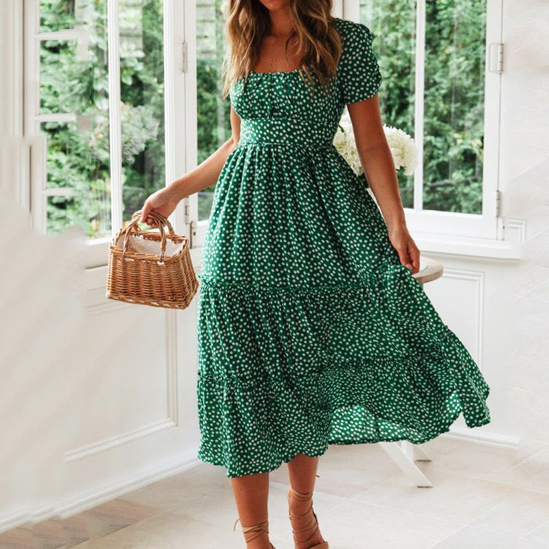 Vintage Print Puff Sleeve dresses