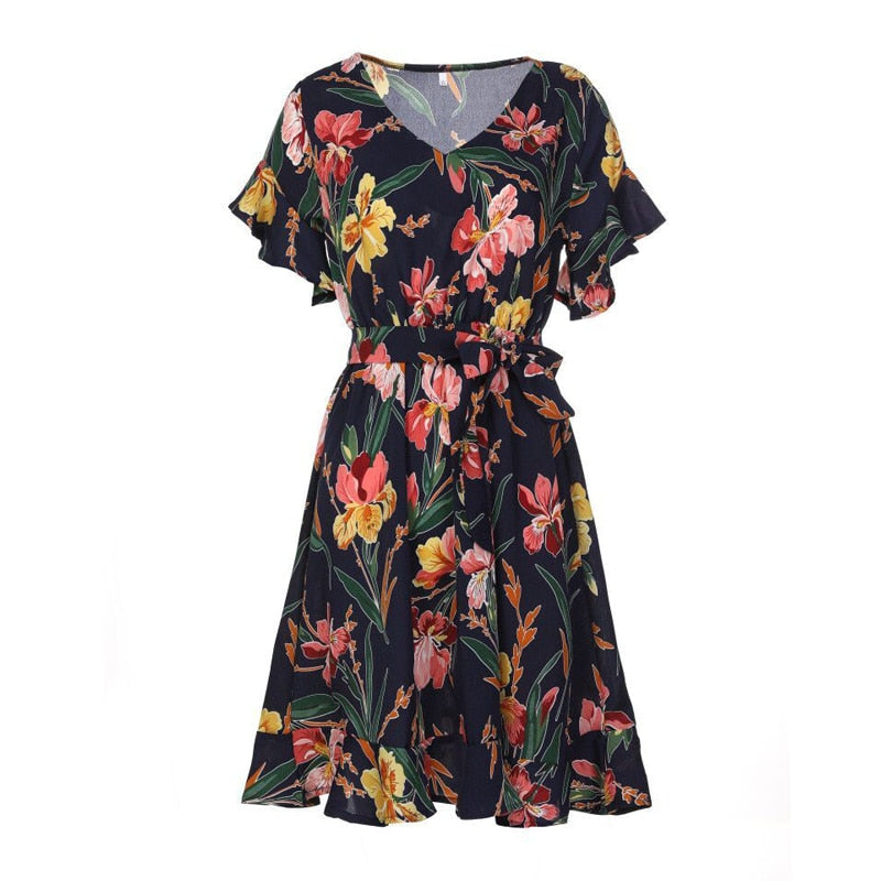 Floral Printed V-Neck Bow Knot dress