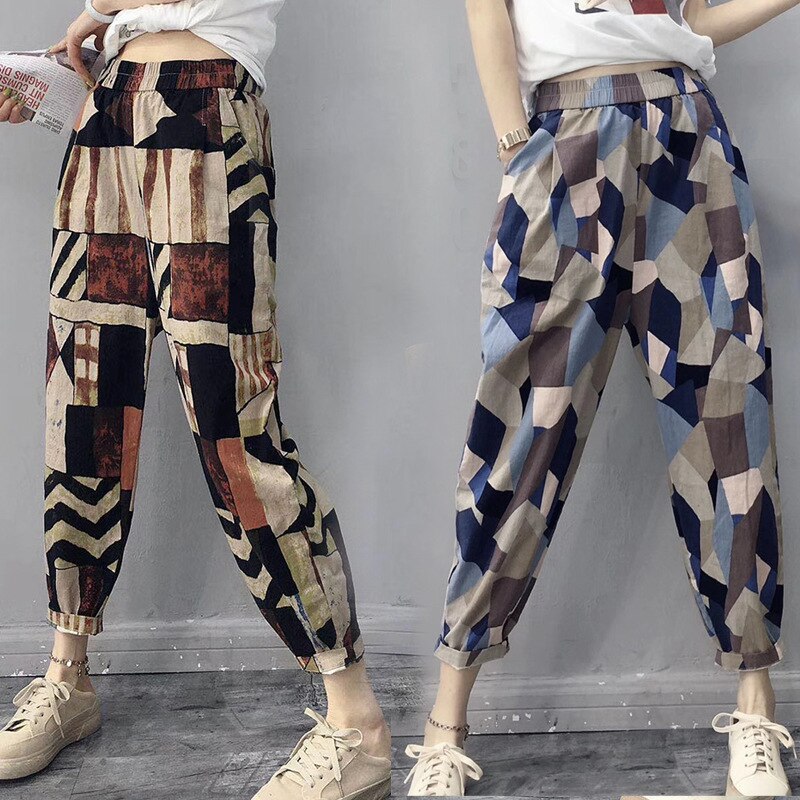 Printed Cotton Linen Harem Pants