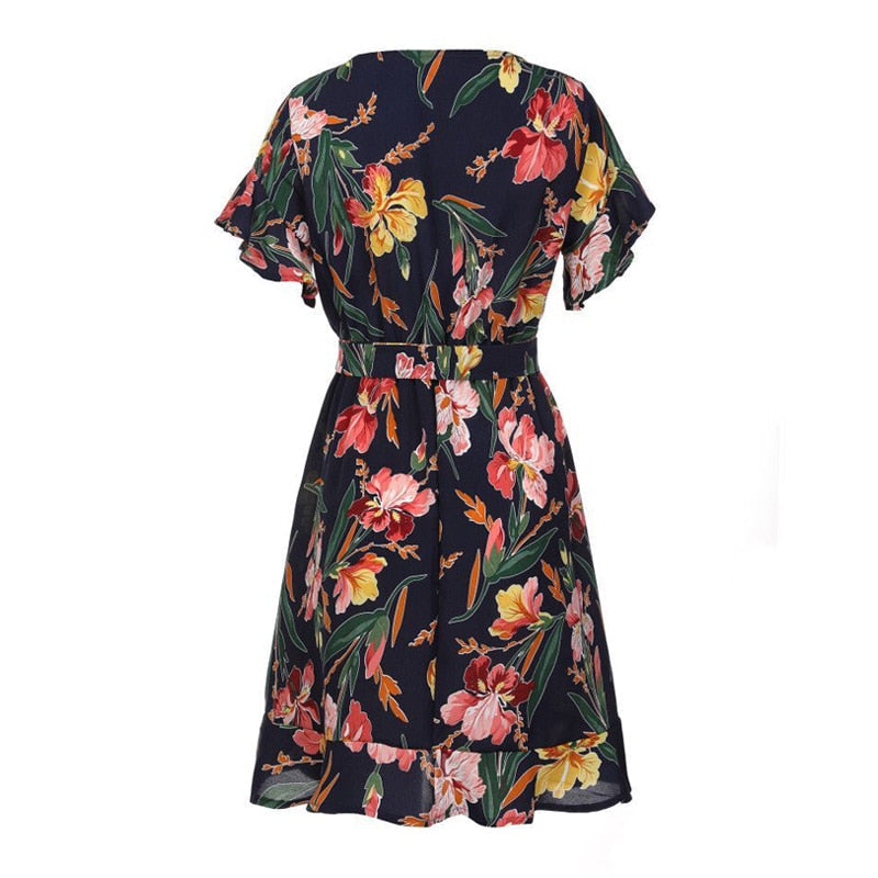 Floral Printed V-Neck Bow Knot dress