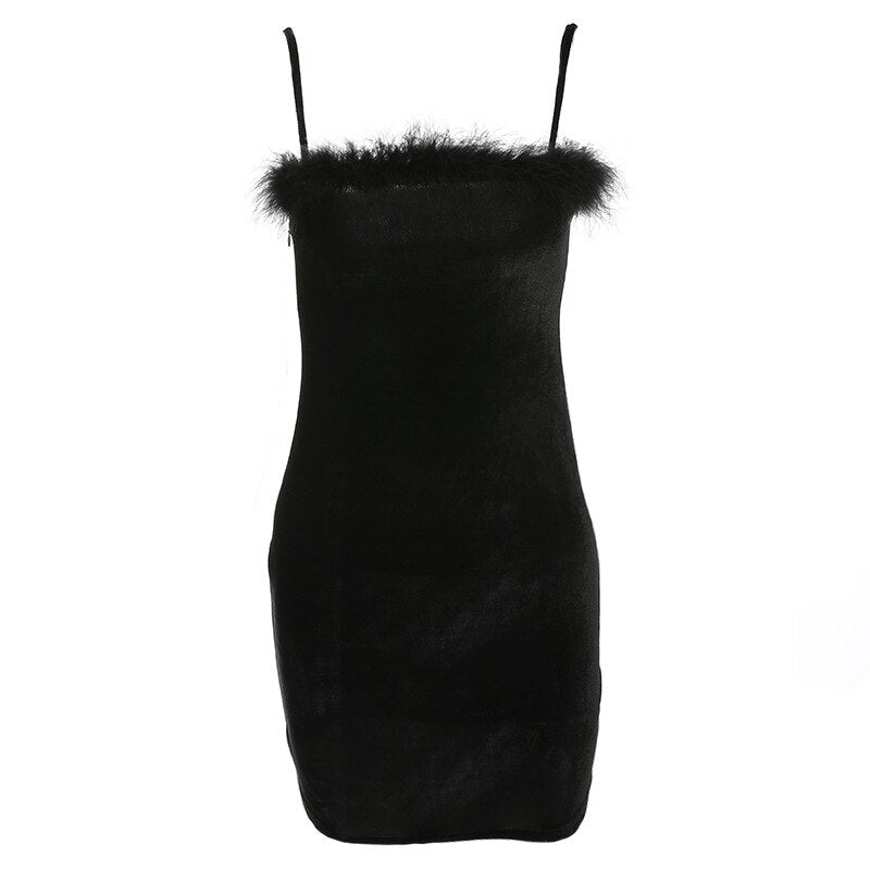Sheath Bodycon Faux Fur Black Mini Dress