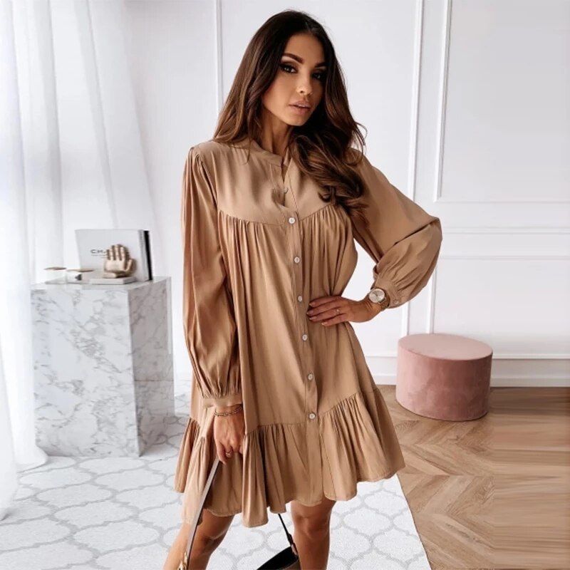 Vintage Ruffled Front Button A-line Dress