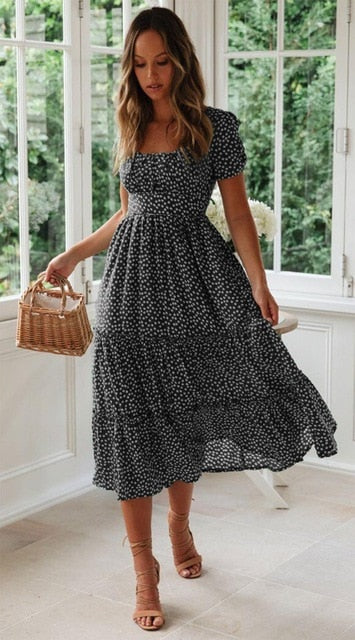 Vintage Print Puff Sleeve dresses
