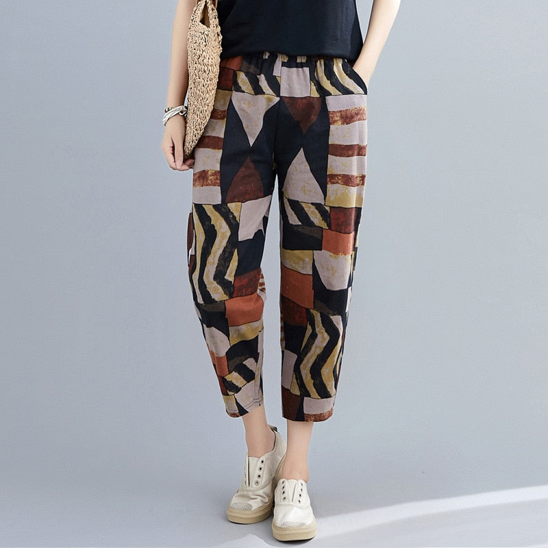 Printed Cotton Linen Harem Pants