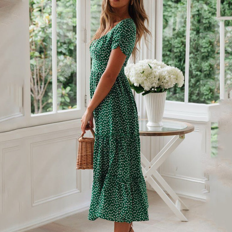 Vintage Print Puff Sleeve dresses