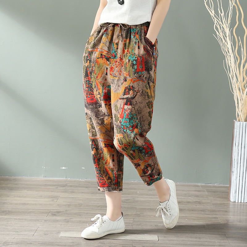 Printed Cotton Linen Harem Pants