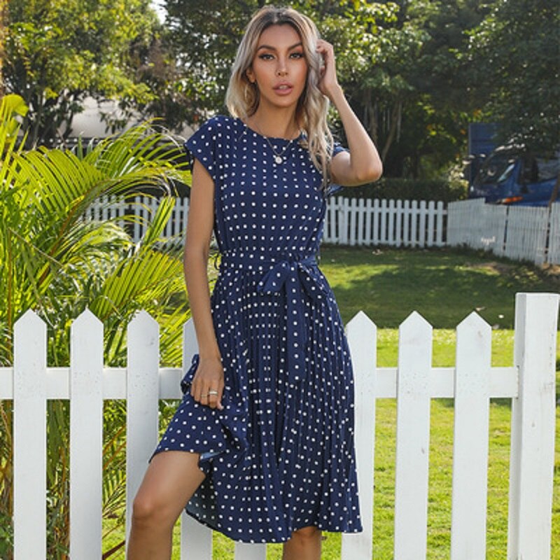 Polka Dots Sleeveless Pleated Dresses
