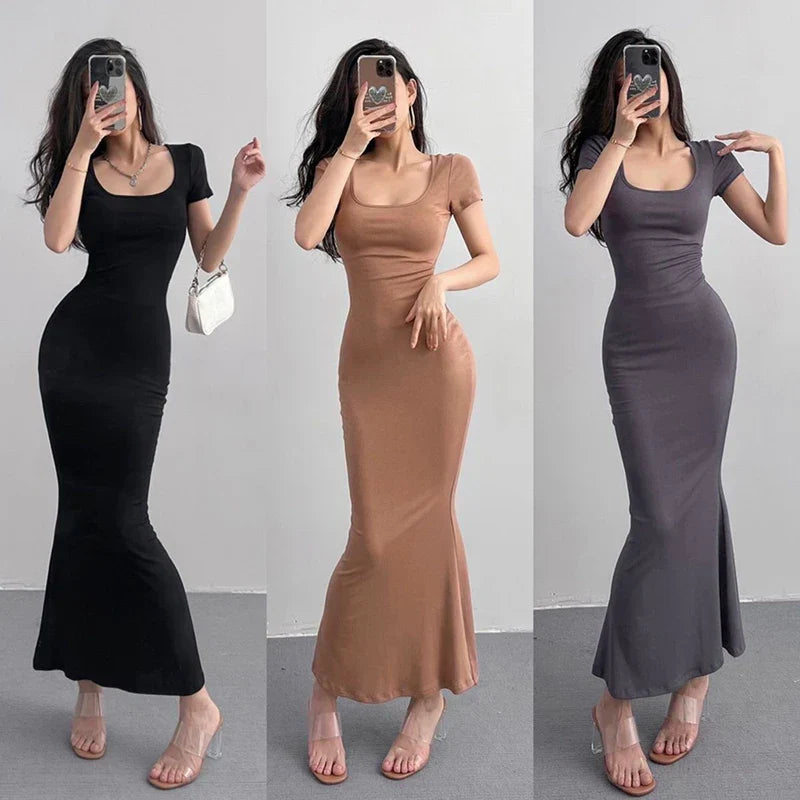 Summer Solid Color Slim Long Dress