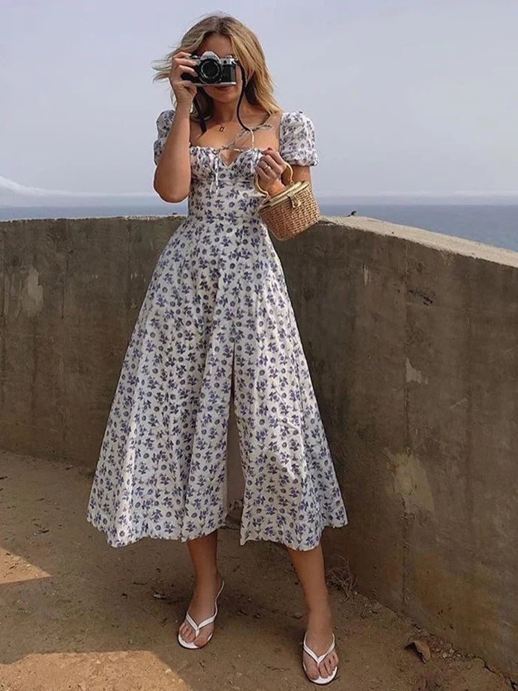 Elegant Puff Sleeve Floral Print Slit Long Dresses