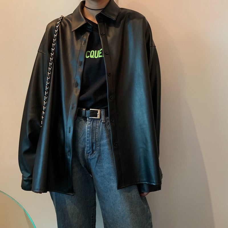 Oversized PU leather blouses