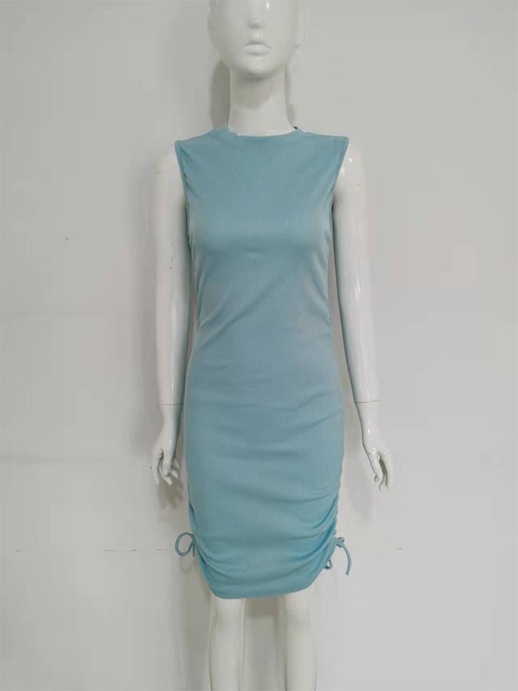 Ribbed Drawstring Sleeveless O Neck Dress