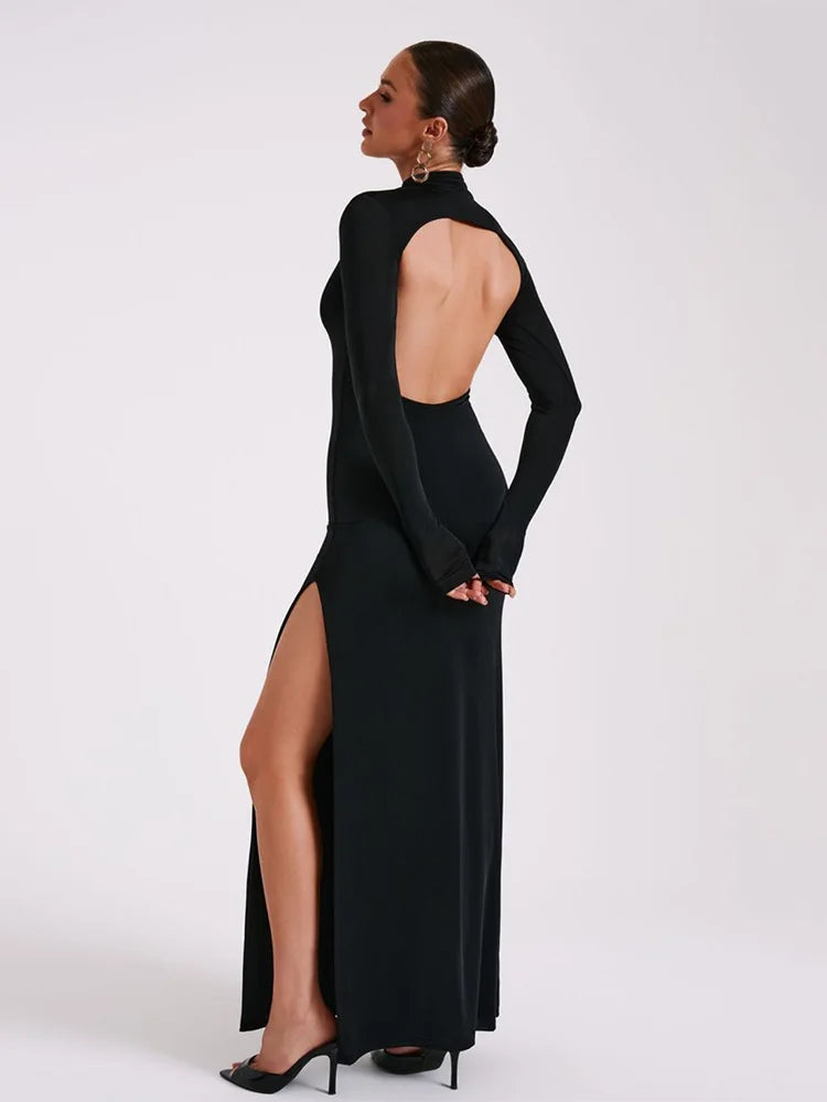 Black Solid Casual Long Sleeve Backless Dress