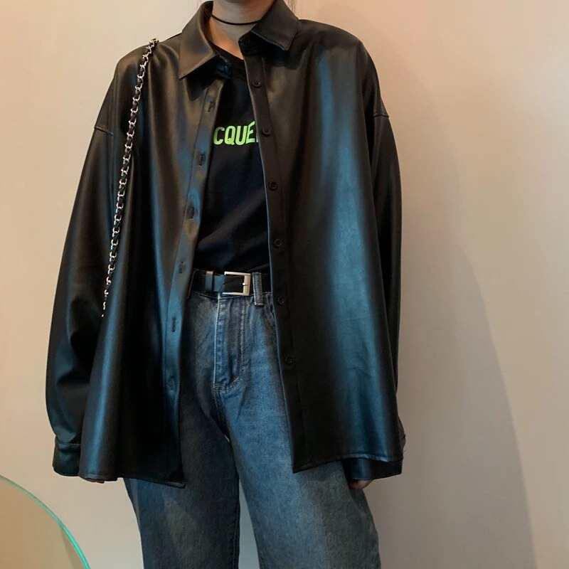 Oversized PU leather blouses
