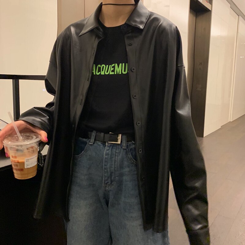 Oversized PU leather blouses