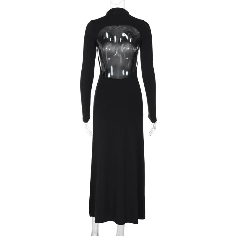 Black Solid Casual Long Sleeve Backless Dress