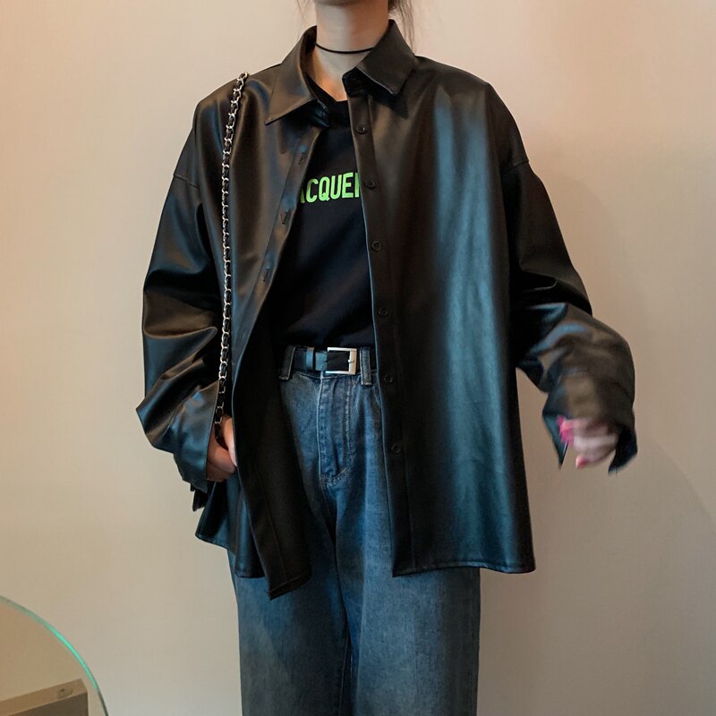 Oversized PU leather blouses
