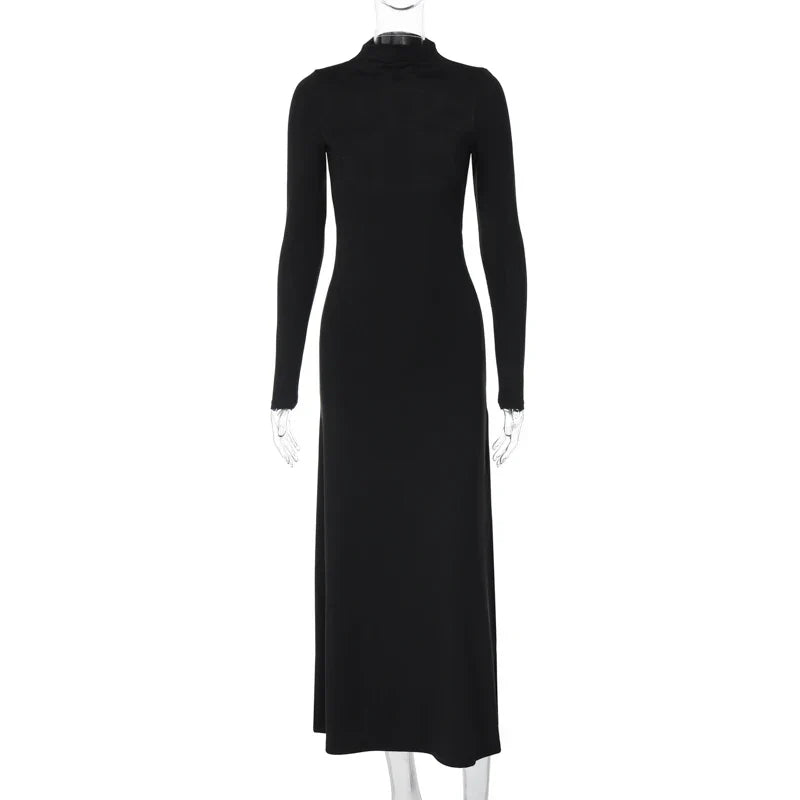 Black Solid Casual Long Sleeve Backless Dress