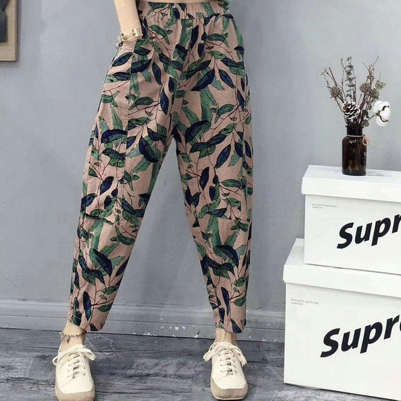 Printed Cotton Linen Harem Pants