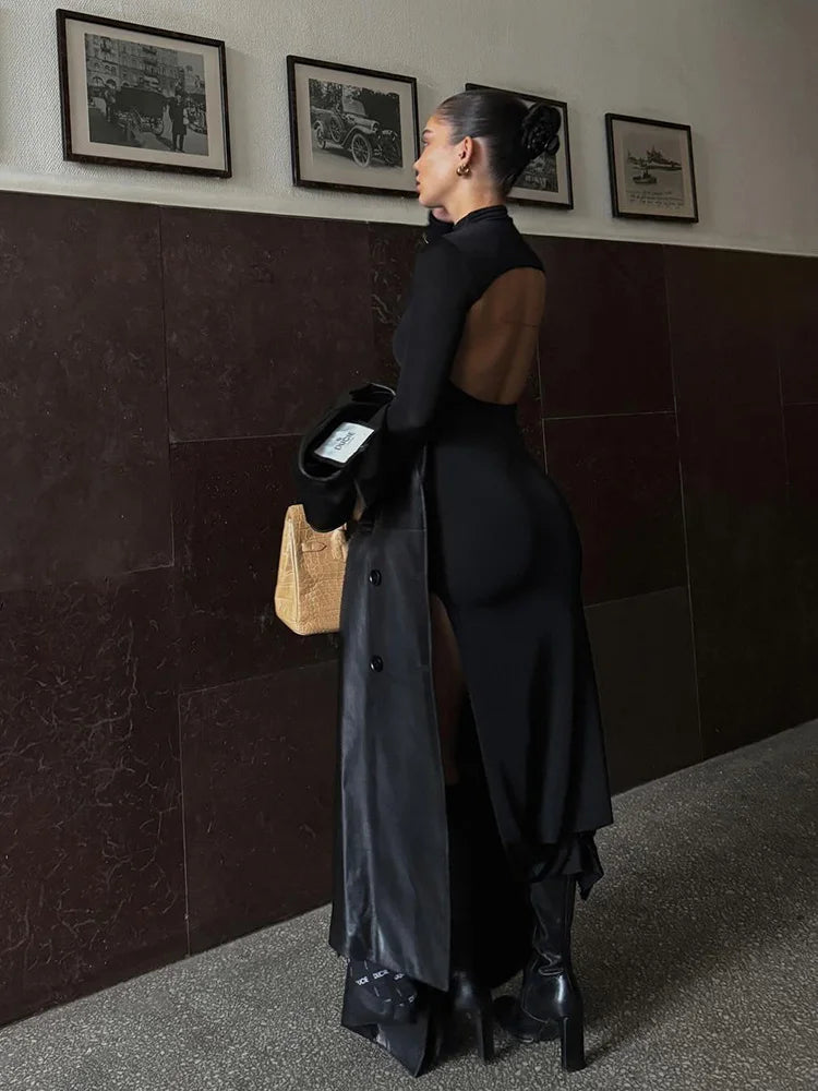 Black Solid Casual Long Sleeve Backless Dress