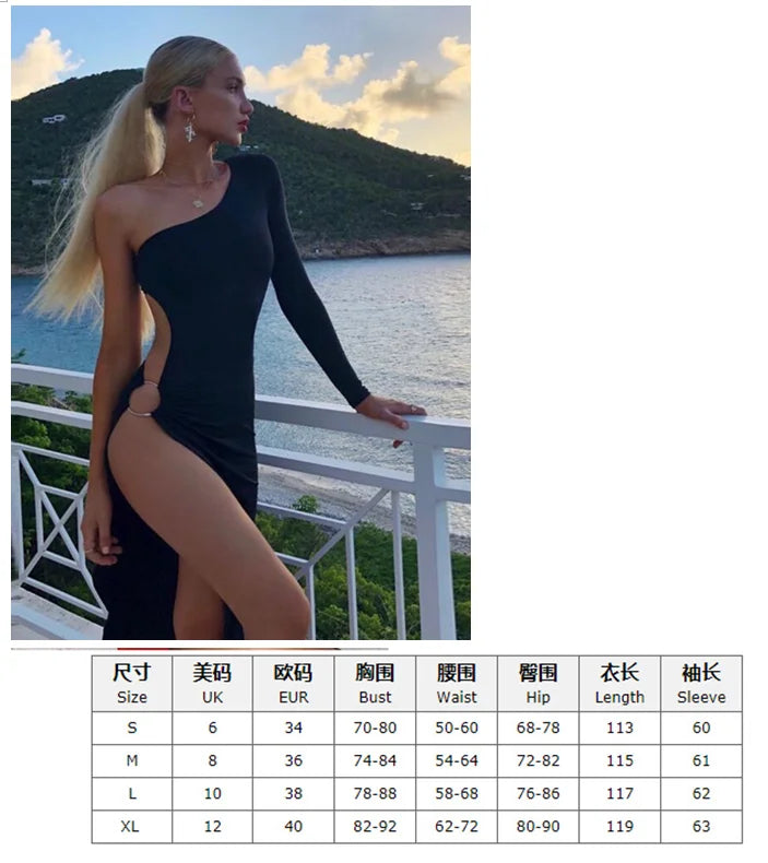 One Shoulder Long Sleeve Side Hole Dress