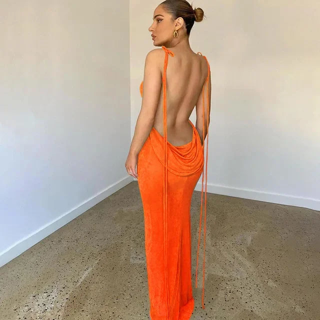 Summer Drawstrings Sexy Backless Maxi Dress