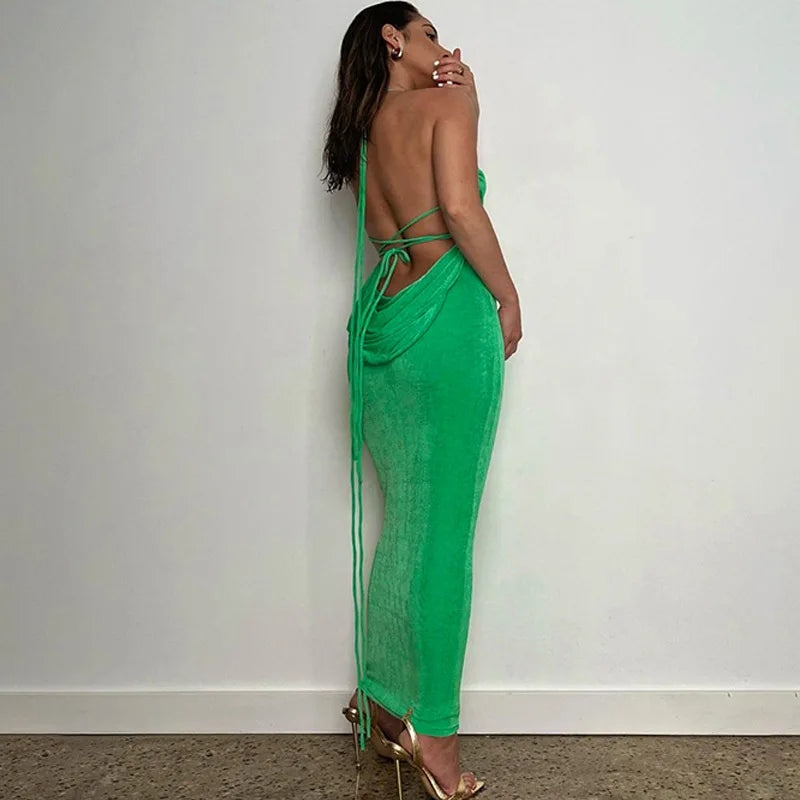 Summer Drawstrings Sexy Backless Maxi Dress
