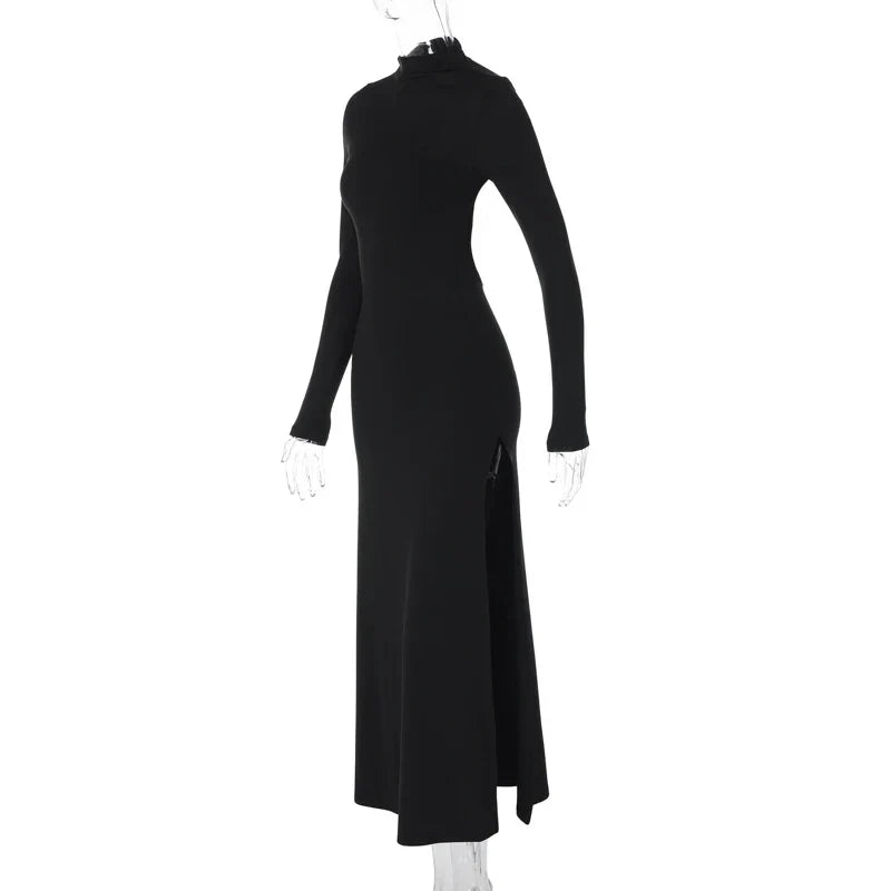 Black Solid Casual Long Sleeve Backless Dress