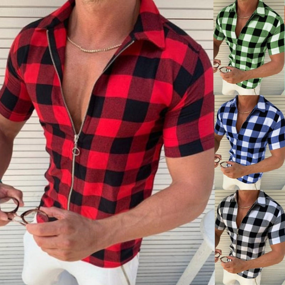 Plaid T Shirt Mens Zipper Short Sleeve Shirt
