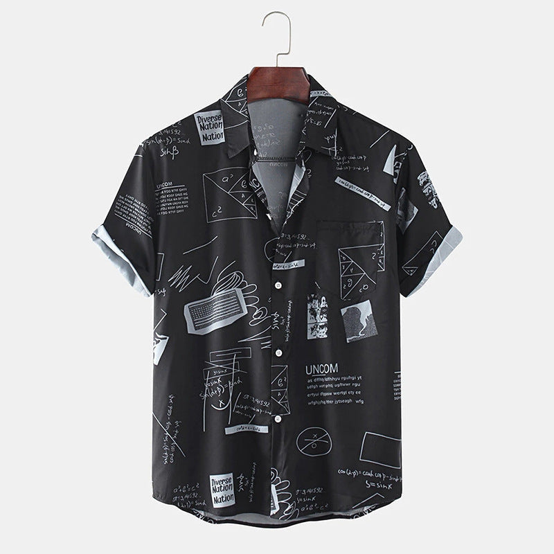 Abstract Cartoon Slogan Chest Pocket Short Shirt