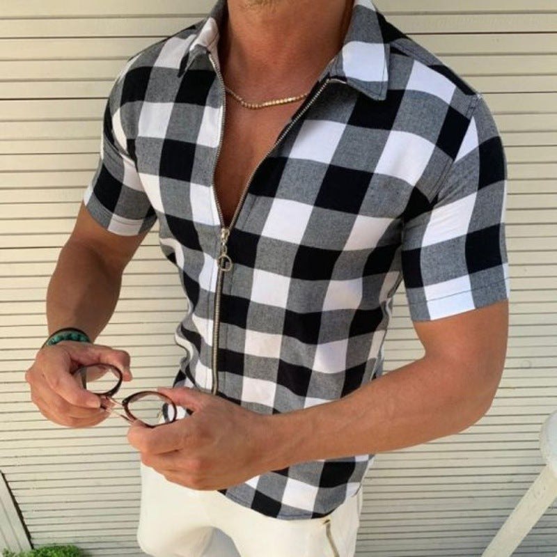 Plaid T Shirt Mens Zipper Short Sleeve Shirt